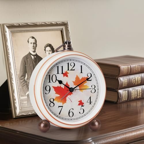 Classic Vintage Table Clock - 5.2in Analog Desk Clock, Silent Non-Ticking Clock with Distressed Metal Frame for Office, Living Room or Bedroom (Maple-Leaf)
