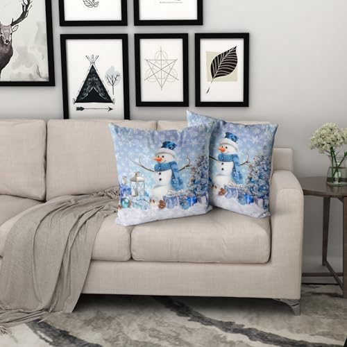 Giwawa Winter Blue Snowman Pillow Covers Set of 2, Xmas Tree Bird Present Snowflakes Decorative Square Pillow Cases, 16"x16" Soft Cotton Throw Cushion Covers for Sofa Porch Living Room