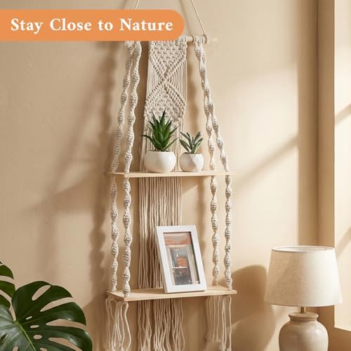 2 Packs Macrame Wall Hanging Shelf 2 Tier Handmade Boho Hanging Wall Shelf Floating Woven Rope Decorative Storage Racks Holder Organizer for Home Bedroom Bathroom Plants, Beige