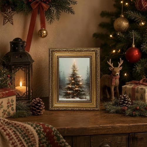 Fantasy Artists Christmas Framed Canvas Wall Art, Lighted Christmas Tree in Snowy Forest Gold Frame Print, Vintage Winter Holiday Decor for Living Room Bedroom Entryway, Ready to Hang, 8" Wx10 H