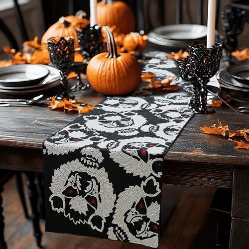 COTTON CRAFT Halloween Beaded Table Runner - Black White Werewolves