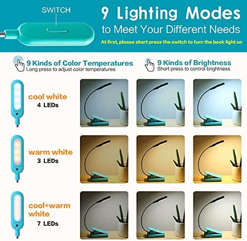 VAVOFO Clip On Book Light for Bed Kids, 7 LED Reading Light with 9-Level Warm Cool White Daylight, Eye Care Lamp with Power Indicator for Bookworms (Blue)