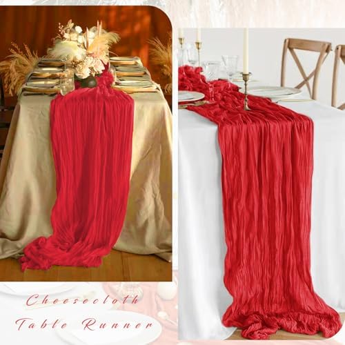 Red 12 Pieces 35 x 120 Inches Long Cheesecloth Table Runner Gauze Fabric 10Ft Boho Table Runner Rustic Sheer Runner for Wedding Baby Bridal Shower Birthday Holiday Party Table Arbor Decor (Red)