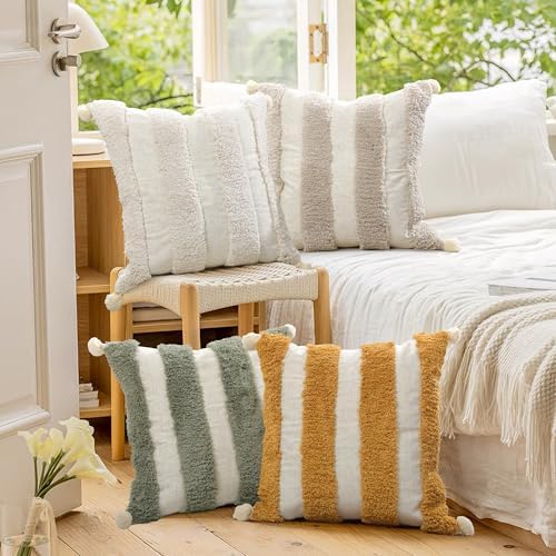 Boho Throw Pillow Covers 18x18 Tufted Decorations Mustard Yellow