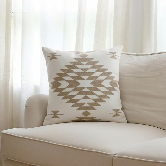 IKATYARN Beige Aztec Pattern Embroidery Throw Pillow Cover,Boho Tribal Geometric Pillowcase, Modern Farmhouse Brown Cushion Case for Couch Sofa Bed, 20"x20"