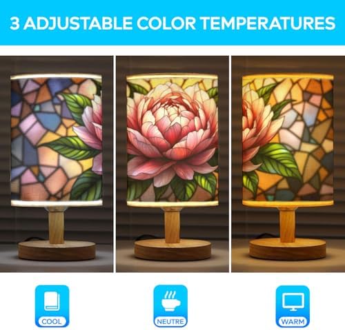 Peony Table Lamp LED 3-Color Pressed Bedside, Peony Shade Lamp with Wood Base for Bedroom Living Room Desk Office TL01
