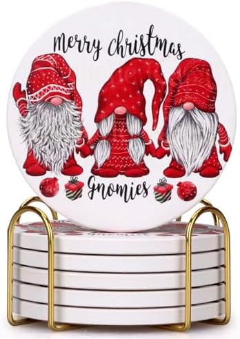 6 Pcs Ceramic Christmas Gnome Coasters With Holder - Best Round Absorbent Drink Coasters Gift for Xmas Holiday Bar - Coffee Cup Farmhouse Table Decorative Set