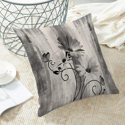 Black Floral Pillow Covers 18 x 18 Inch Set of 2 Daisy Floral Butterfly Decorative Throw Pillow Covers Linen Rustic Farmhouse Cushion Cases for Home Sofa Couch Living Room Decor