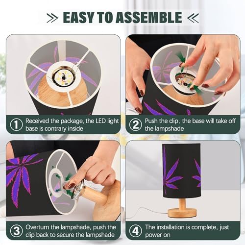 Table Lamp Neon Purple Marijuana Leaf Cannabis Weed Leaves on Black Nightstand Lamp with Wood Base Fabric Lamp Shade Bedside Desk Lamp for Living Room Bedroom Kids Room Office