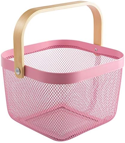 AJIODA Metal Mesh Steel Basket, Storage Organizer Basket Multi-functional Hanging Kitchen Baskets Fruit Basket Bin with Bamboo Handle for Kitchen Bathroom Picnic Shopping Decor Cabinet Home, Pink