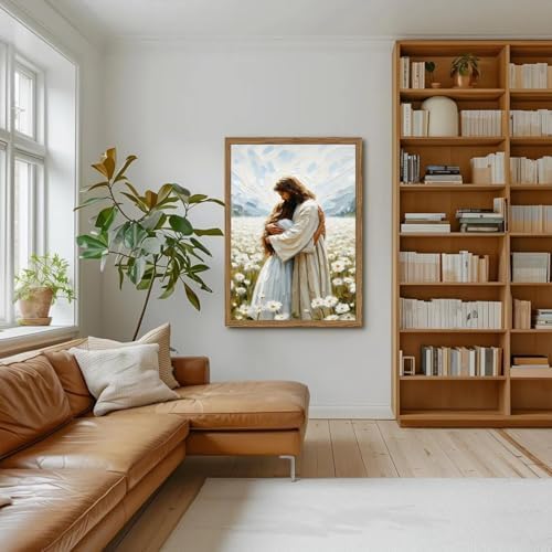Jesus Embracing Woman Wall Art, Jesus Hugging Woman Wall Decor Framed 3D Textured Hand Drawn Sandstone Religious Christian Bible Painting Pictures for Bedroom Living Prayer Room 24x36 in Wood Framed
