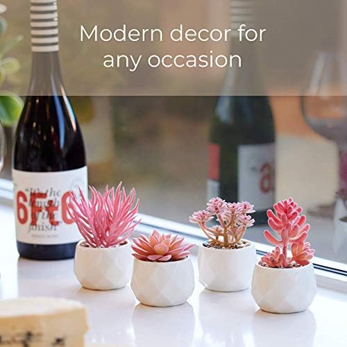 Nordik Set of 4 Desk Plants - Office Decor for Women Desk, Indoor, Living Room, Bedroom, Home and Desk Decor – Pink Faux Succulents in white Geometric Ceramic Planters