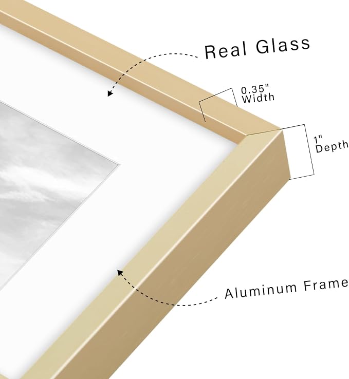 Frametory 9x12 Gold Aluminum Metal Picture Frame Mat for 6x8 Glass