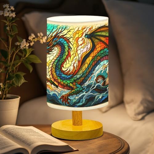 Dragon Table Lamp LED 3-Color Pressed Bedside, Dragon Shade Lamp with Wood Base for Bedroom Living Room Desk Office TL01
