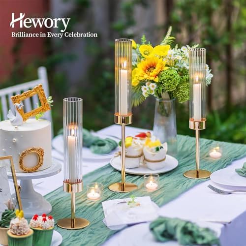 Hewory Gold Taper Candle Holders: Candlestick Holders Set of 3 Hurricane Glass Tall Candle Holder for Candlesticks Candle Sticks Holder Decor for Table Centerpiece Wedding Party Christmas Decorations