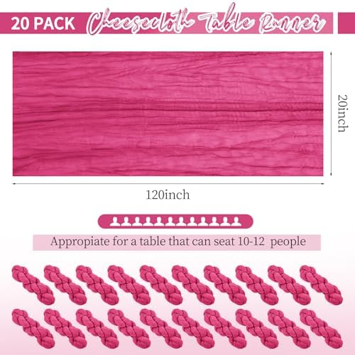 20 Pack Hot Pink Table Runner 10Ft Cheesecloth Table Runner Boho Gauze Table Runners Romantic Long Sheer Fabric Cheese Cloth Table Runners for Wedding Party Bridal Shower(Hot Pink)