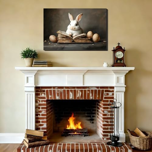 Rustic Easter Bunny,Book,Eggs Wall Art, Easter Framed Rabbit Canvas Prints for Living Room, Cozy Spring Bunny Picture for Home Wall Decor, Easter Decorations for Office Bathroom