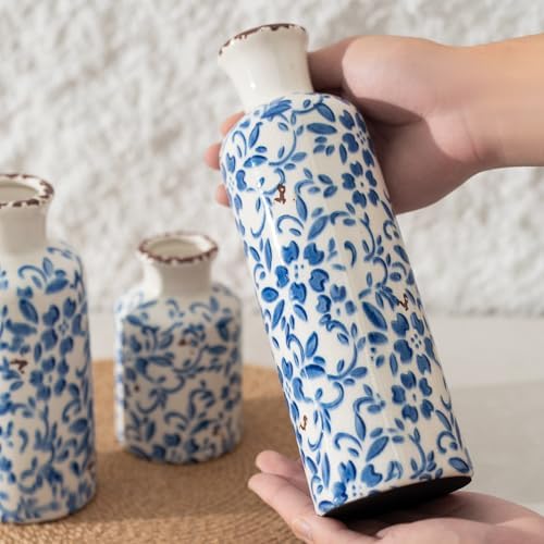 Vintage Ceramic Flower Vase Set of 3, Rustic Farmhouse Vase for Home Decor, Distressed Decorative Vase for Table Entryway Mantel Centerpiece Living Room Bathroom Bedroom (Crackle Blue & White)