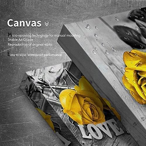 Yellow Rose Wall Art Kitchen Decor Black and White Flowers Canvas Prints Picture Romantic Floral Love Bathroom Photo Paintings Modern Aesthetic Flower Artwork for Bedroom Home Decorations 14x14”3Pcs