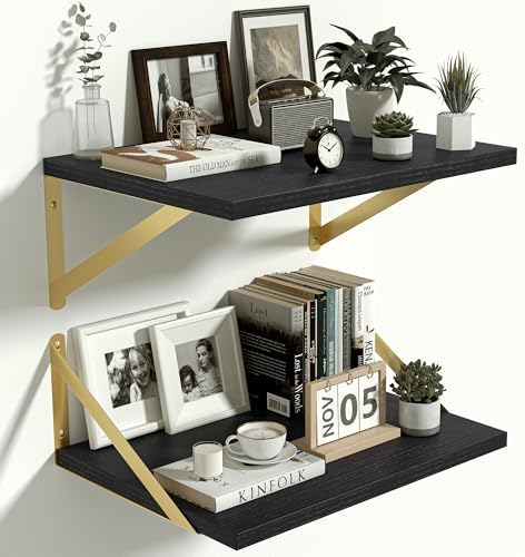 Heimlove 12 Inch Deep Black Floating Shelves，Wood Wall Shelves 16" W x 12" D Set of 2,Wall Mounted Shelves for Living Room, Bedroom, Kitchen, Bathroom,Closet and Decor Storage，Gold Bracket