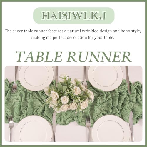 4 Pack 120 Inch Sage Green Cheesecloth Table Runner Boho Rustic Gauze Sheer Romantic 10 FT Long Cheese Cloth Table Runner for Bridal Baby Shower Wedding Party Birthday Holiday Home Easter Decor