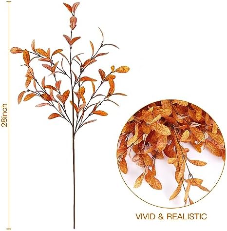 Sggvecsy 6 Pcs Artificial Fall Eucalyptus Stems Fall Eucalyptus Leaves Silk Autumn Leaf Branches Fall Decorations for Home Vase Thanksgiving Table Centerpieces Harvest Festival Decor (Orange)