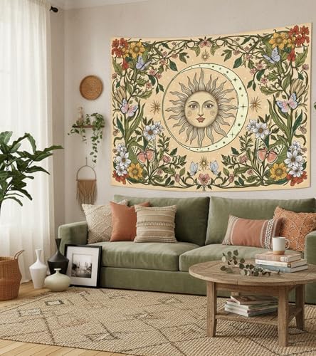 Accnicc Boho Sun and Moon Tapestry Vintage Floral Wall Tapestry for Bedroom Aesthetic Beige Celestial Plant Flower Butterfly Small Tapestries Wall Hanging for Living Room Dorm 48 x 36 Inch