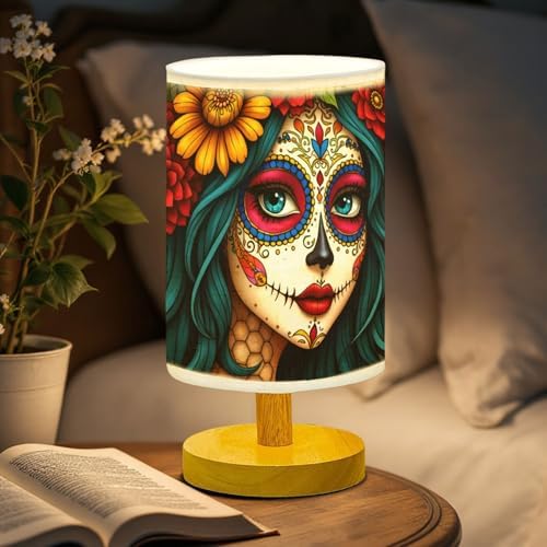 Sugar Skull Girl Table Lamp LED 3-Color Pressed Bedside, Sugar Skull Girl Shade Lamp with Wood Base for Bedroom Living Room Desk Office TL01