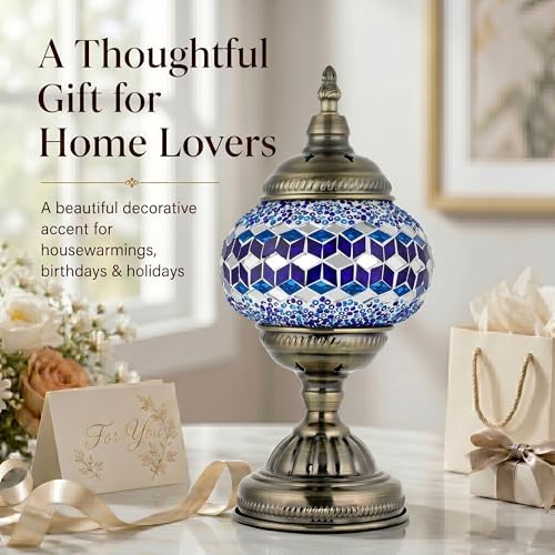 GOGERS Turkish Moroccan Table Lamp Lantern with Handmade Mosaic Glass Lampshade Tiffany Style Bohemian Stained Glass Decorative Desk Lamps Bedside Night Lights for Bedroom (Multiple Blues)