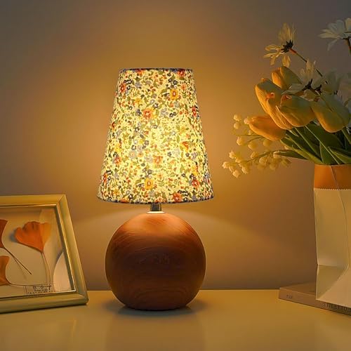 Vintage Wooden Night Lamp, Wood Base Fabric Lampshade, Adjustable Light Color and Brightness with Power-Off Memory, Safe USB Powered, Retro LED Table Light for Bedroom Living Room Office (Floral)