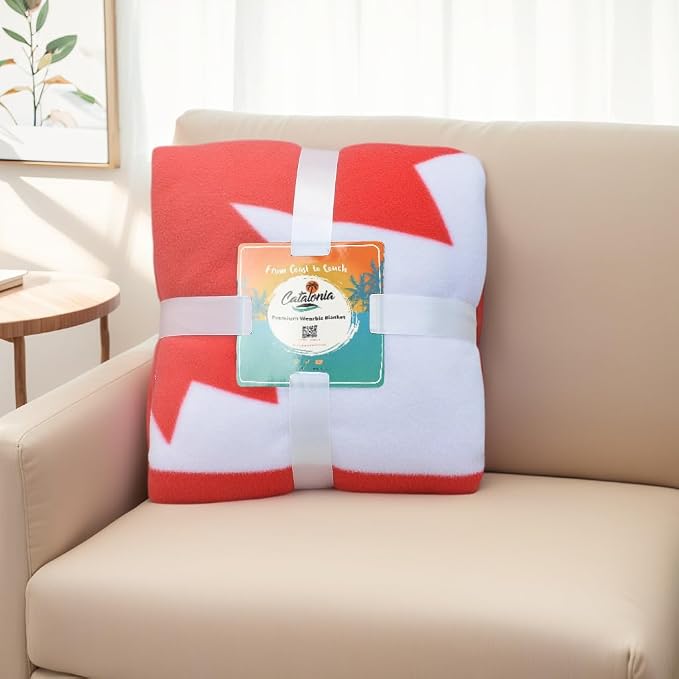 Catalonia Sherpa Fleece Blanket,Canada National Flag Maple Leaf Print Patriotic Plush Super Soft Warm Reversible Polar Throws for Couch Bed 60” x 50”