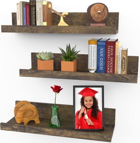 Icona Bay 16 Inch Floating Shelves for Wall - Set of 3 in Walnut Brown - Modern Rustic Style - Wall Mounted Display Shelves - Picture Ledges