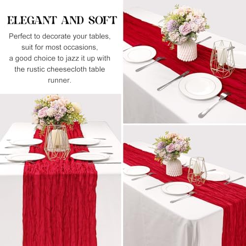 6 Pieces Red 10FT Cheesecloth Table Runner Boho Gauze Fabric Table Runner Rustic Sheer Runner for Wedding Birthday Baby Shower Party Boho Table Decoration