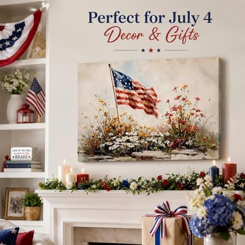 4th of July American Flag Wildflower Canvas Wall Art 8x12in, Framed Patriotic Prints Pictures for Bedroom, Vintage Farmhouse Wall Decor Artwork for Living Room Office Home, Made in USA