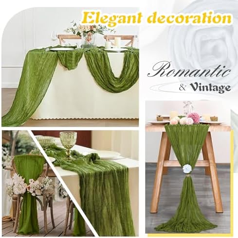Olive Green Cheesecloth Table Runner 6 Pack 35" Boho Gauze Runner 120 inches Long Runner Rustic Sheer Fabric Bulk for Baby Shower Wedding Bridal Birthday Party Table Decorations