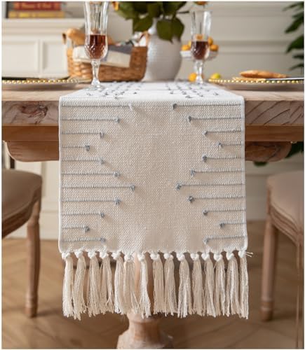 Boho Table Runner 13 x 72 Inch Long Natural Cotton Woven Runner with Tassels for Home Dining Table décor, for Modern Farmhouse Decor Coffee Table Runner, Grey and Beige