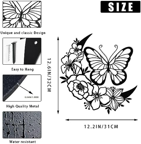 ruelen Metal Butterfly Wall Art Wall Decor,Boho Moon Butterfly Home Decor | Wall Hanging Butterflies Decor, Flower Wall Art for Home Bedroom Living Room Bathroom Garden Yard Fence