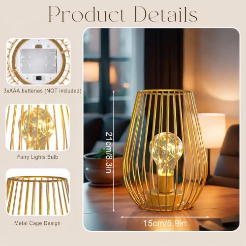 TRIROCKS Metal Cordless Table Lamp - 8'' Tall Set of 2 Cage Shape Battery Operated Lamp with Fairy Lights Bulb for Indoor/Outdoor Use Perfect for Christmas Garden and Weddings (Gold,Set of 2)