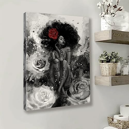 African American Canvas Wall Art Black Girl Fashion Print Abstract Black Art Picture Women Rose Wall Decor Painting Framed Modern Artwork for Bedroom Bathroom Office Home Decor 16x20inch