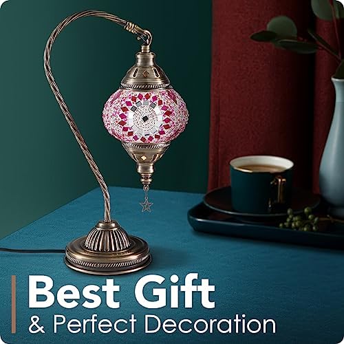 Yarra-Decor Turkish Moroccan Lamp with Bronze Base 3 Color Options Handmade Swan Neck Mosaic Glass Bedside Lamps for Bedroom (LED Bulb Included)(Red1)