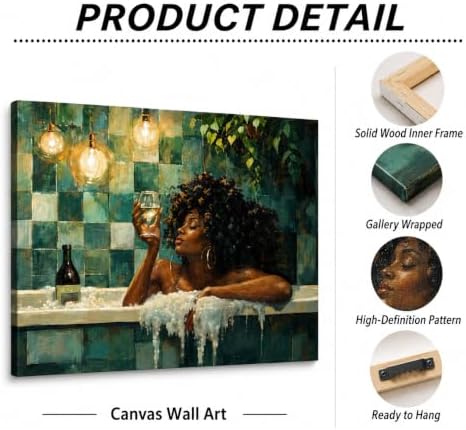 CXKAWM Vintage Bathroom Canvas Wall Art, Black Woman Bathtub Decor, 12x16in | Moody Bathtub Wall Art adds Vintage Charm To Bathrooms, Vanity Corners, Guest Baths, Powder Rooms and Apartments
