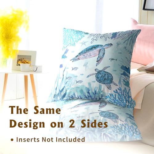 Set of 2 Sea Turtle Throw Pillow Cover 20x20 inch Nautical Coastal Ocean Coral Decorative Pillowcase Underwater Tropical Ocean Teal Blue Summer Cushion Covers for Home Couch Sofa