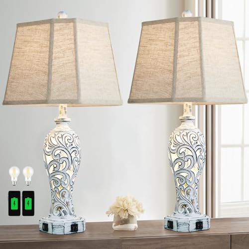 25'' Farmhouse Table Lamps Set of 2 for Living Room with USB C+A