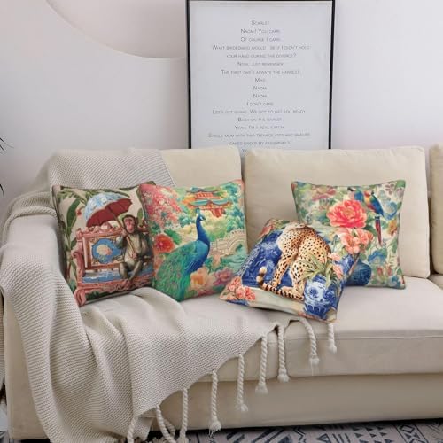 Chinoiserie Throw Pillow Covers Set of 4 Decorative Soft Double Sided Print Pillow Case Farmhouse Home Decor for Living Room Sofa Couch 18x18
