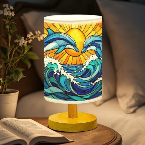 Dolphin Table Lamp LED 3-Color Pressed Bedside, Dolphin Shade Lamp with Wood Base for Bedroom Living Room Desk Office TL01