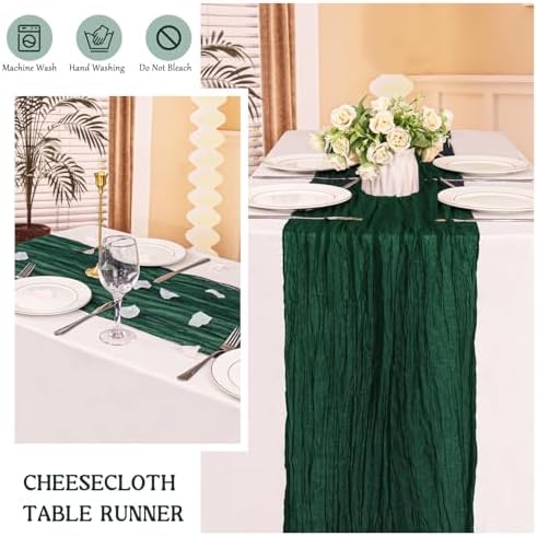 4 Pack 120 Inch Dark Green Cheesecloth Table Runner Boho Rustic Gauze Sheer Romantic 10 FT Long Cheese Cloth Table Runner for Bridal Baby Shower Wedding Party Birthday Holiday Home Easter Decor