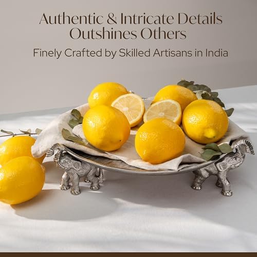 Round Tray with Elephant Stand – Silvery Decorative Tray for Coffee Table Tray, Dining Table Centerpiece Decor, Round Trays Home Decor, Serving Tray for Kitchen Counter Decor