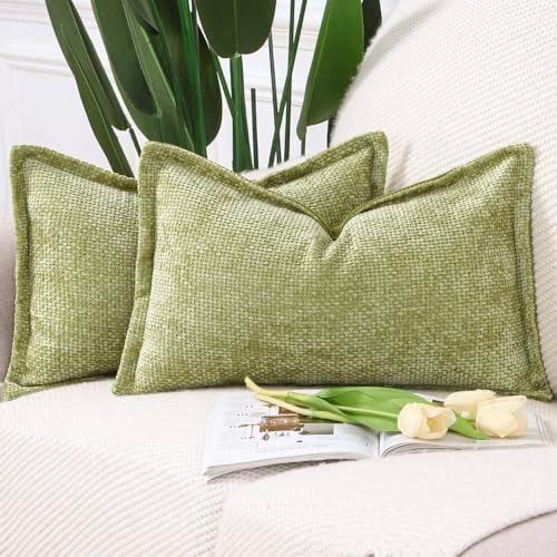 MADIZZ Decorative Chenille Velvet Throw Pillow Covers Set of 2 Soft Boho Textured Neutral Couch Throw Pillow for Bed Modern Farmhouse Home Decor for Sofa Livingroom Light Green 12x20 Inch