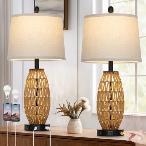 27" Rattan Table Lamps Set of 2, Boho Wicker Lamp with Night Light, Bedside Lamps for Bedroom with USB A+C Charging Port & AC Outlet, Farmhouse Coastal Woven Lamp for Nightstand Living Room