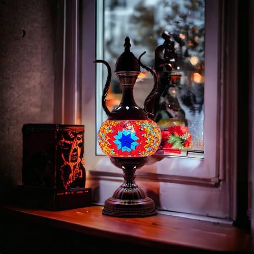 SILVERFEVER Handcrafted Mosaic Turkish Lamp Moroccan Glass Table Desk Bedside Light Bronze Base with E12 Bulb Bright Red Blue Starburst